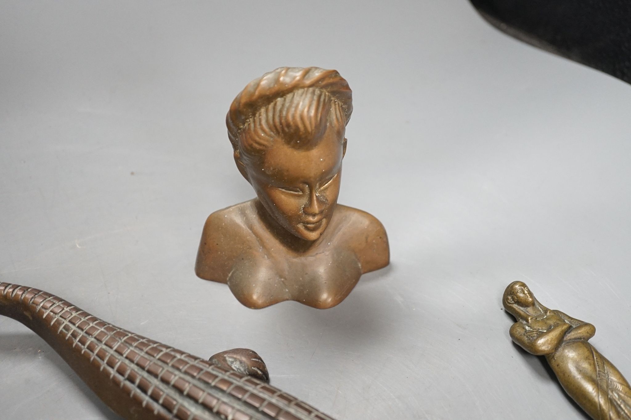 A Bruce Bainsfather Cast brass bottle stopper, 13cm, WMF cruet stand and 7 other items